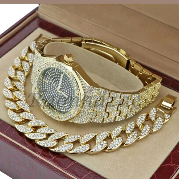 MEN ICED OUT 14K GOLD PT OCTAGON SHAPE WATCH CUBAN - Picture 2 of 5